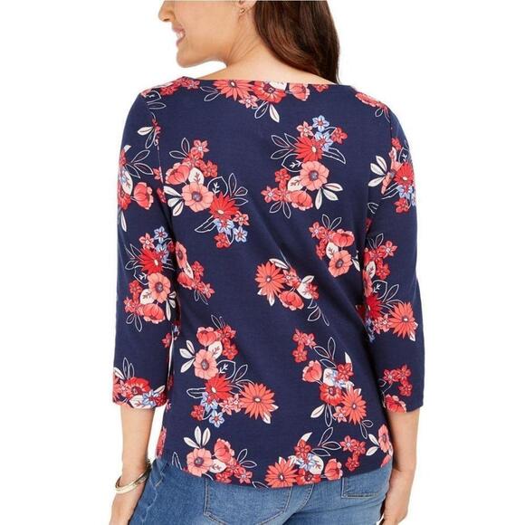 Charter Club Pima Cotton Floral-Print Top Intrepid Blue Combo S - Picture 2 of 3